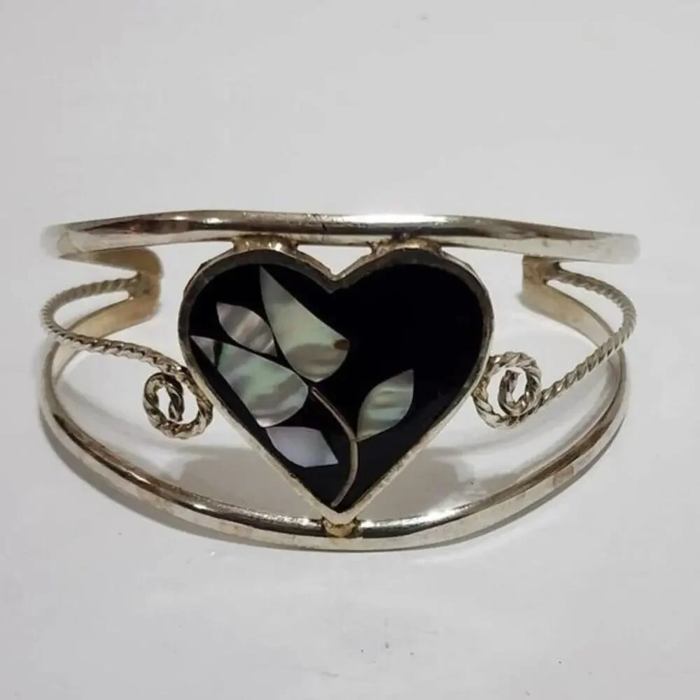 VINTAGE Alpaca Mexico silver‎ abalone cuff bracelet
